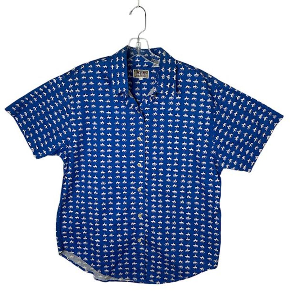 Barn Fly Mens Western Shirt Large L Blue White All Over Rodeo Cowboy Horse Print